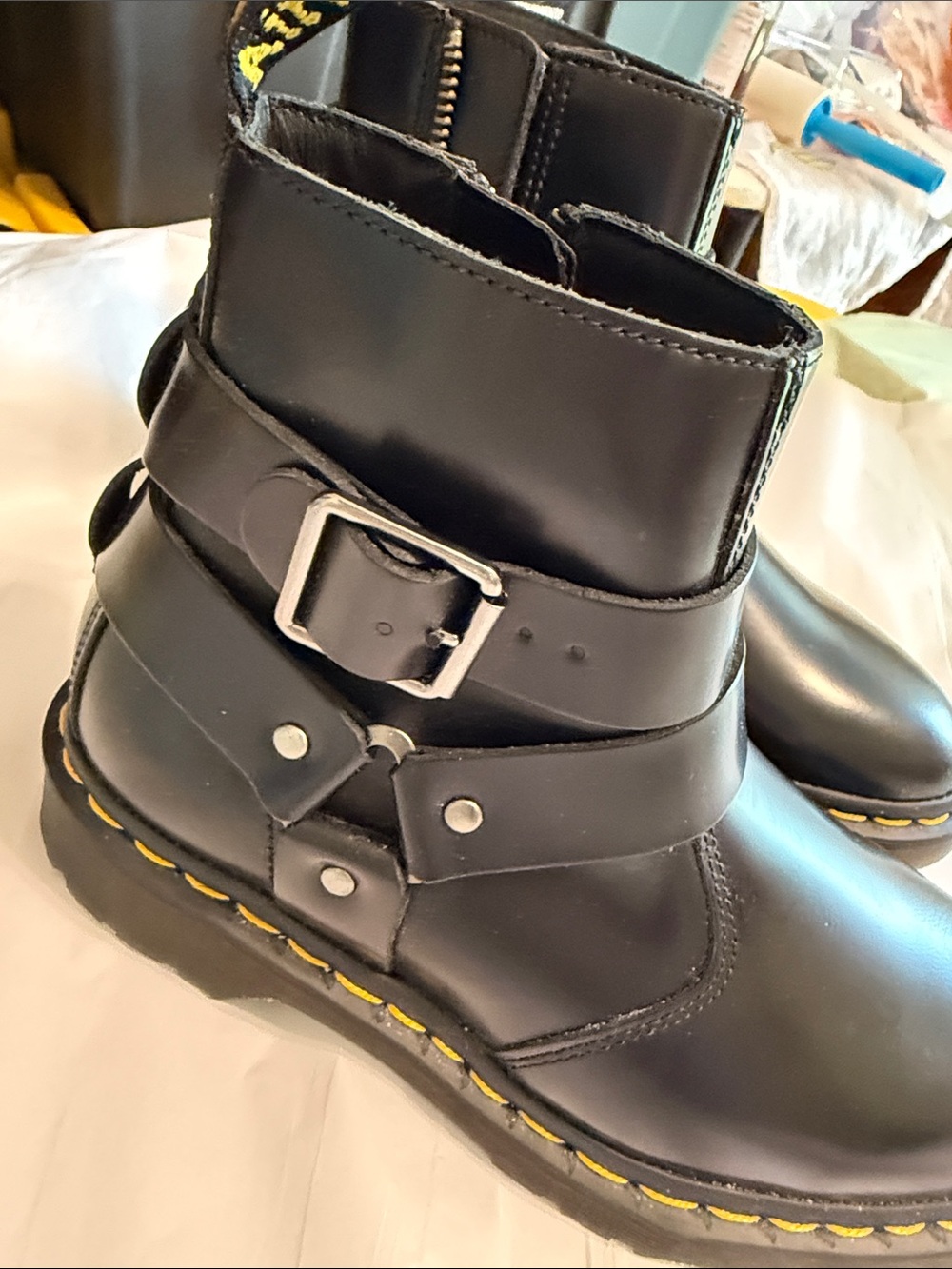 Dr -MartinsBlack Leather Buckle Ankle Boots with Yellow Stitching - Women Shoes - Picture 3 of 11